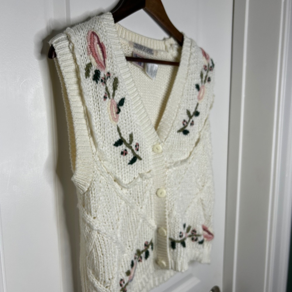 Vintage Cream Embroidered Knit Button-Up Vest